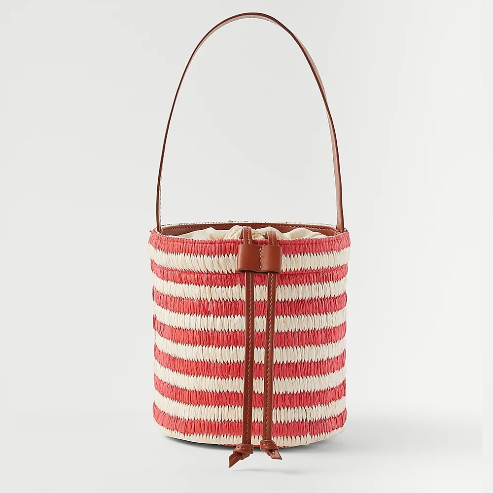 Ann Taylor Red Vermillion Kiss Striped Raffia Bucket Bag Tote Purse